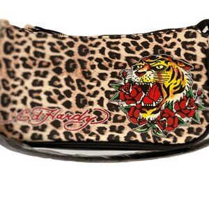 Ed Hardy Leopard Print Shoulder Bag with Tiger & Rose Tattoo Graphic